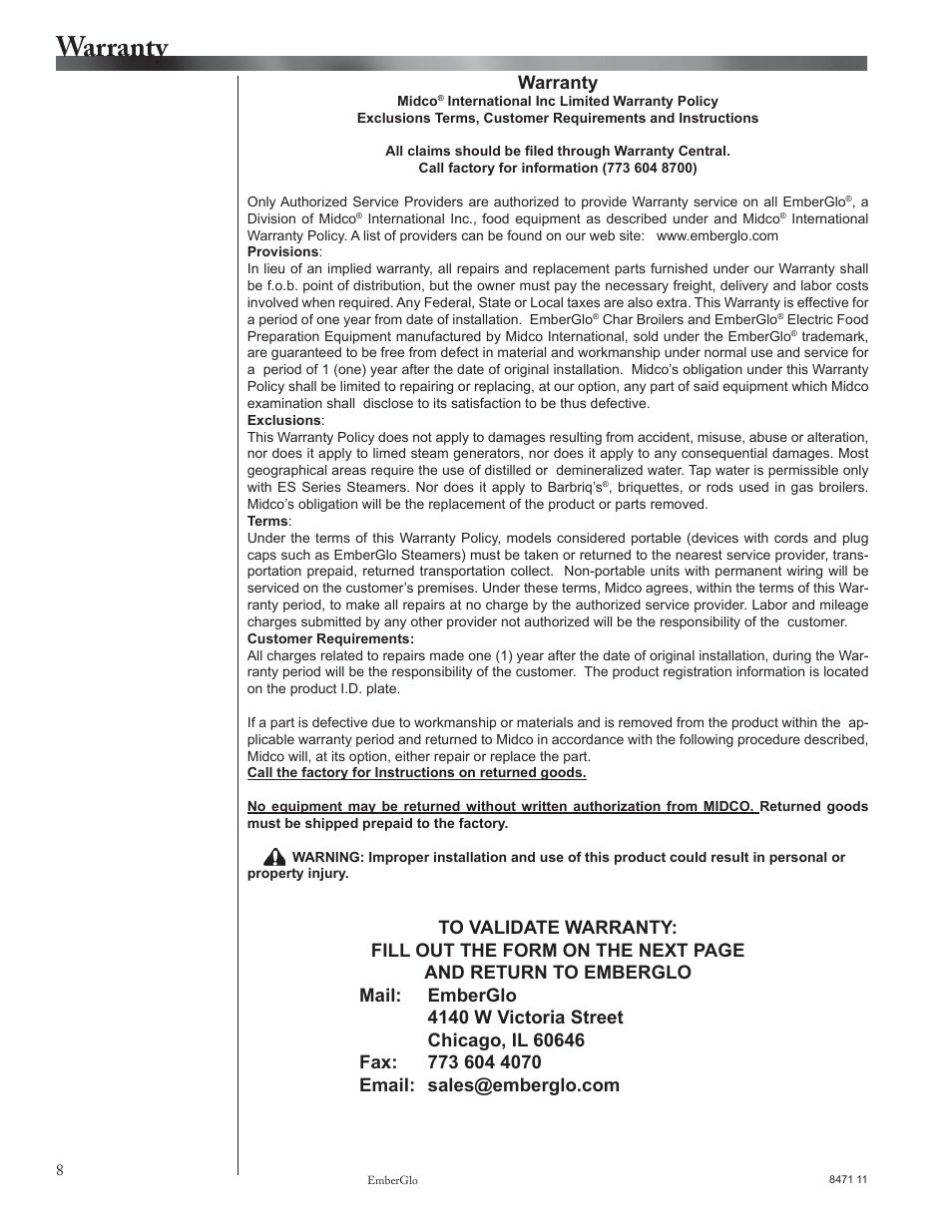 Warranty, Return instructions | EmberGlo Model AR60 User Manual | Page 8 / 9