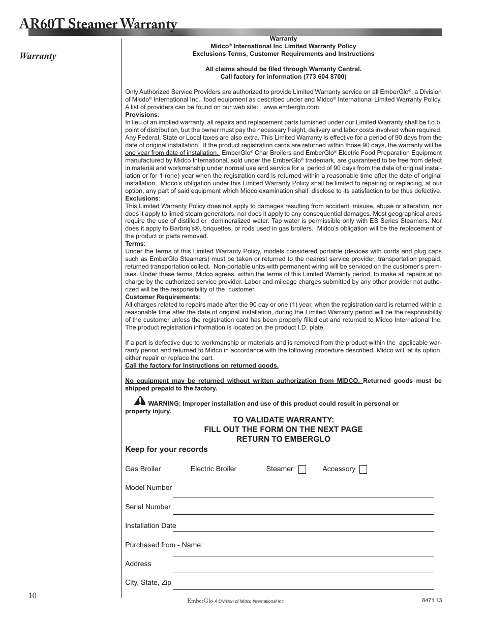 Ar60t steamer warranty, Warranty | EmberGlo Model AR60T User Manual | Page 10 / 12