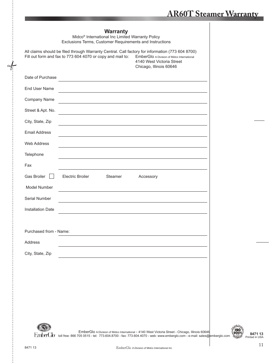 Ar60t steamer warranty, Warranty | EmberGlo Model AR60T User Manual | Page 11 / 12