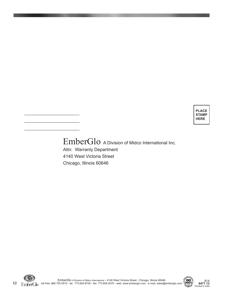 Emberglo | EmberGlo Model AR60T User Manual | Page 12 / 12