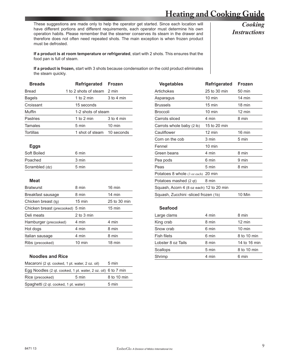 Heating and cooking guide, Cooking instructions | EmberGlo Model AR60T User Manual | Page 9 / 12