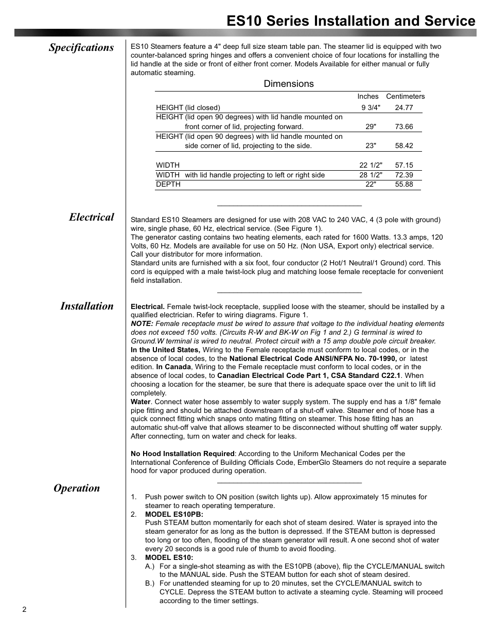 Es10 series installation and service, Installation operation, Specifications | Electrical | EmberGlo ES10 User Manual | Page 2 / 7