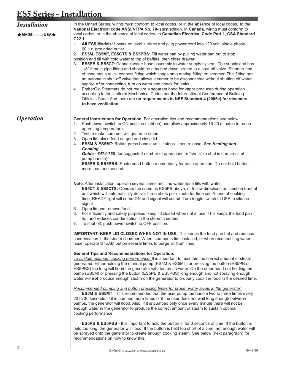 Es5 series - installation, Operation installation | EmberGlo ES5 Series User Manual | Page 2 / 10