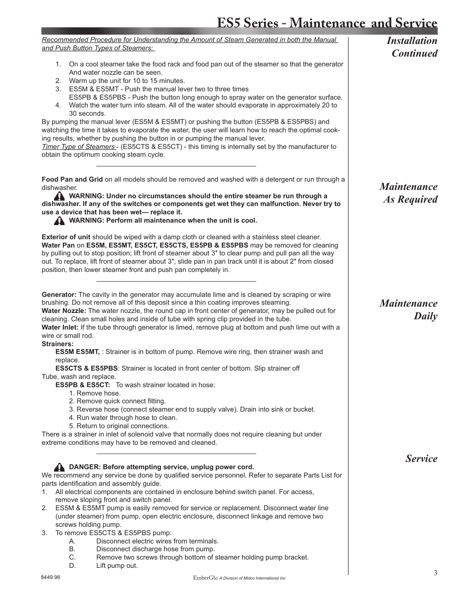 Es5 series - maintenance and service, Service installation continued, Maintenance as required maintenance daily | EmberGlo ES5 Series User Manual | Page 3 / 10