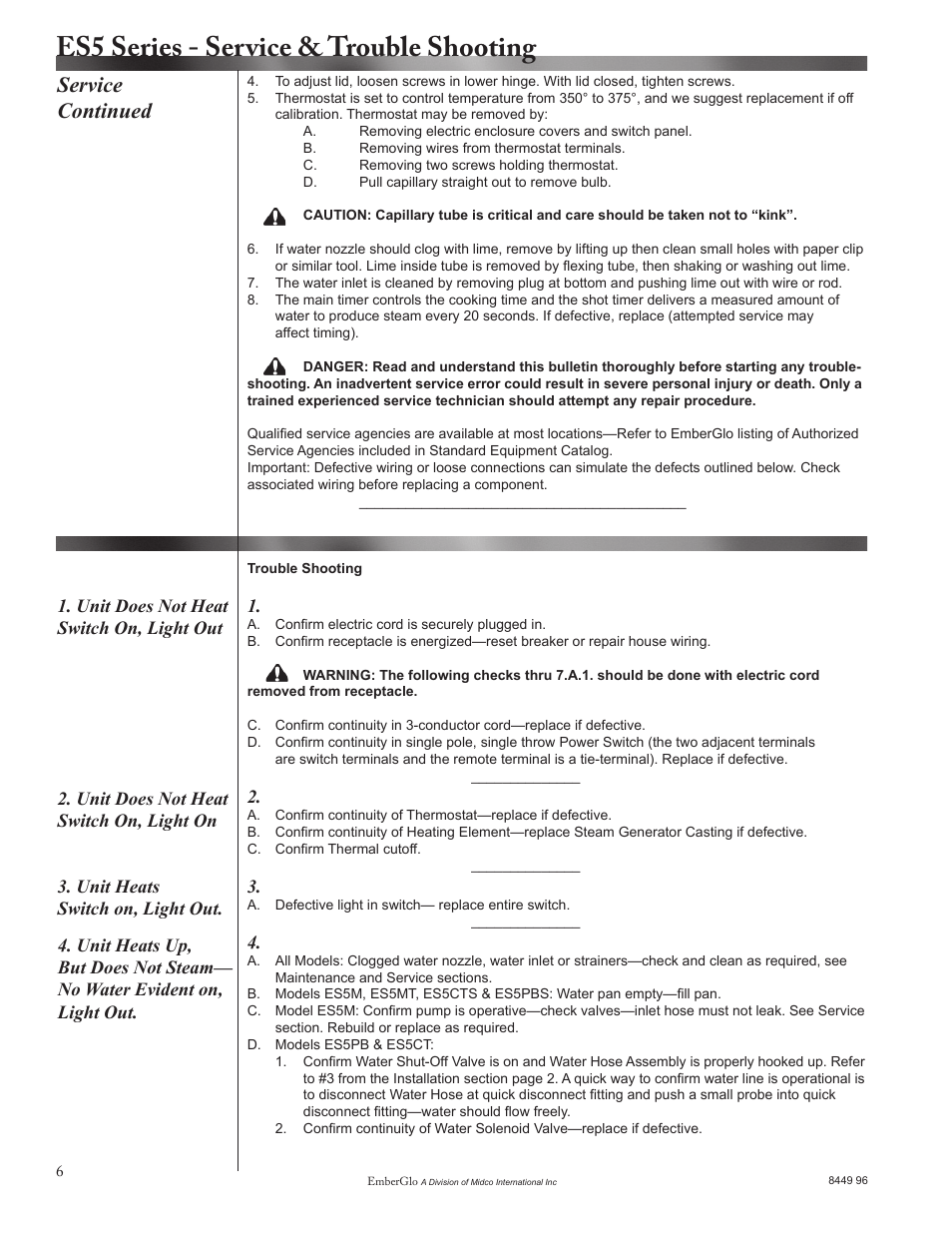 Es5 series - service & trouble shooting, Service continued | EmberGlo ES5 Series User Manual | Page 6 / 10