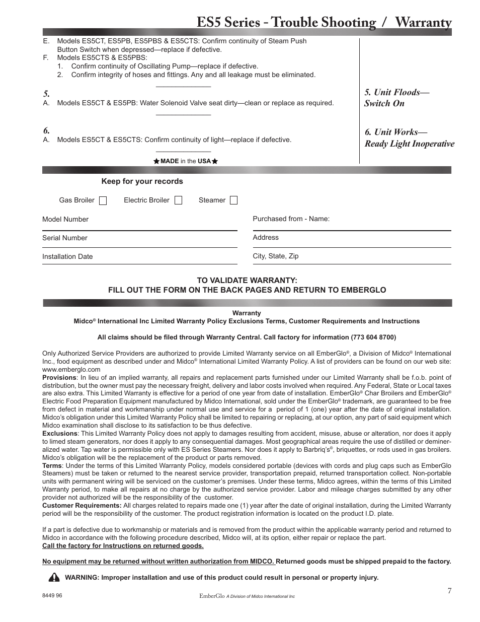 Es5 series - trouble shooting / warranty | EmberGlo ES5 Series User Manual | Page 7 / 10