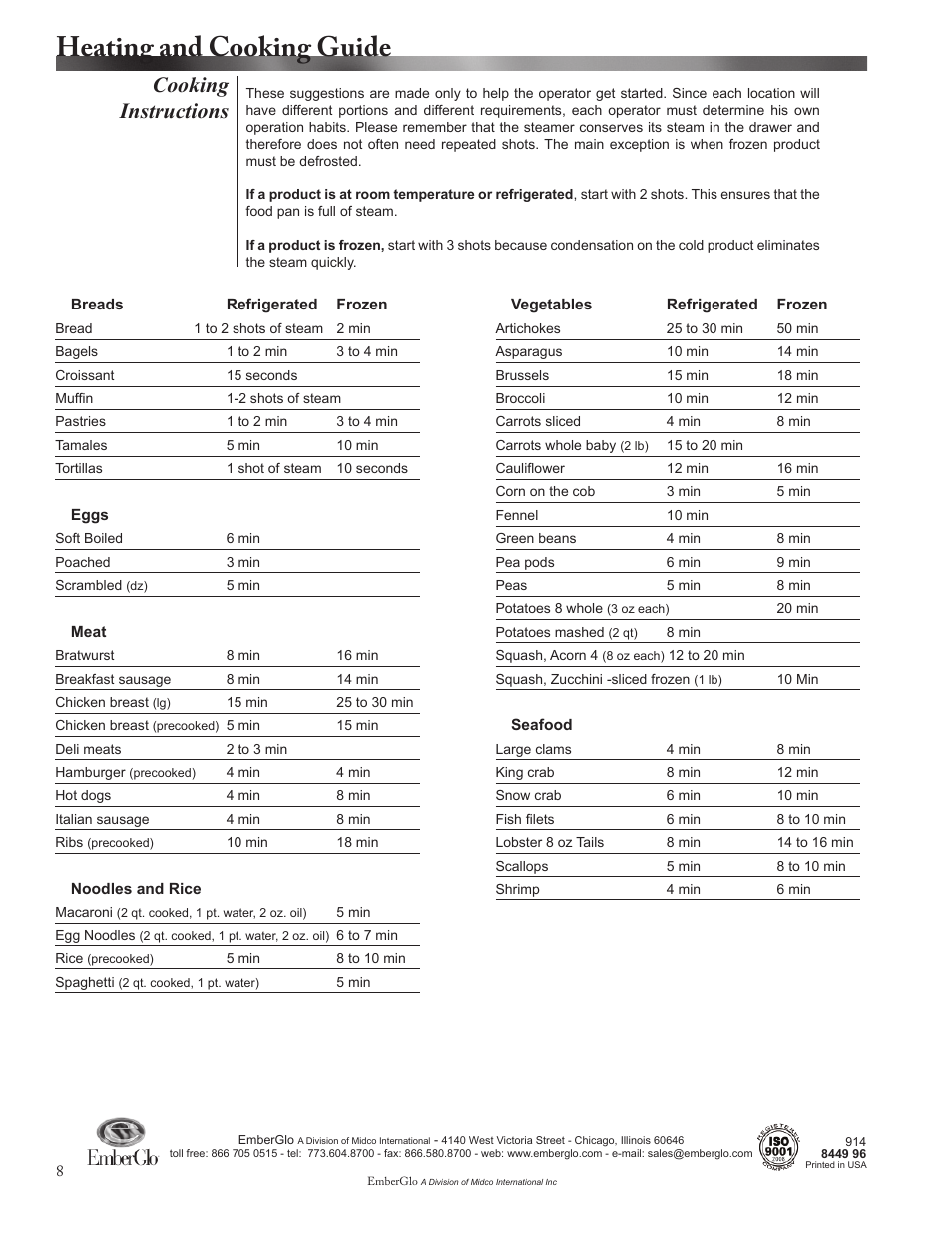 Heating and cooking guide, Cooking instructions | EmberGlo ES5 Series User Manual | Page 8 / 10