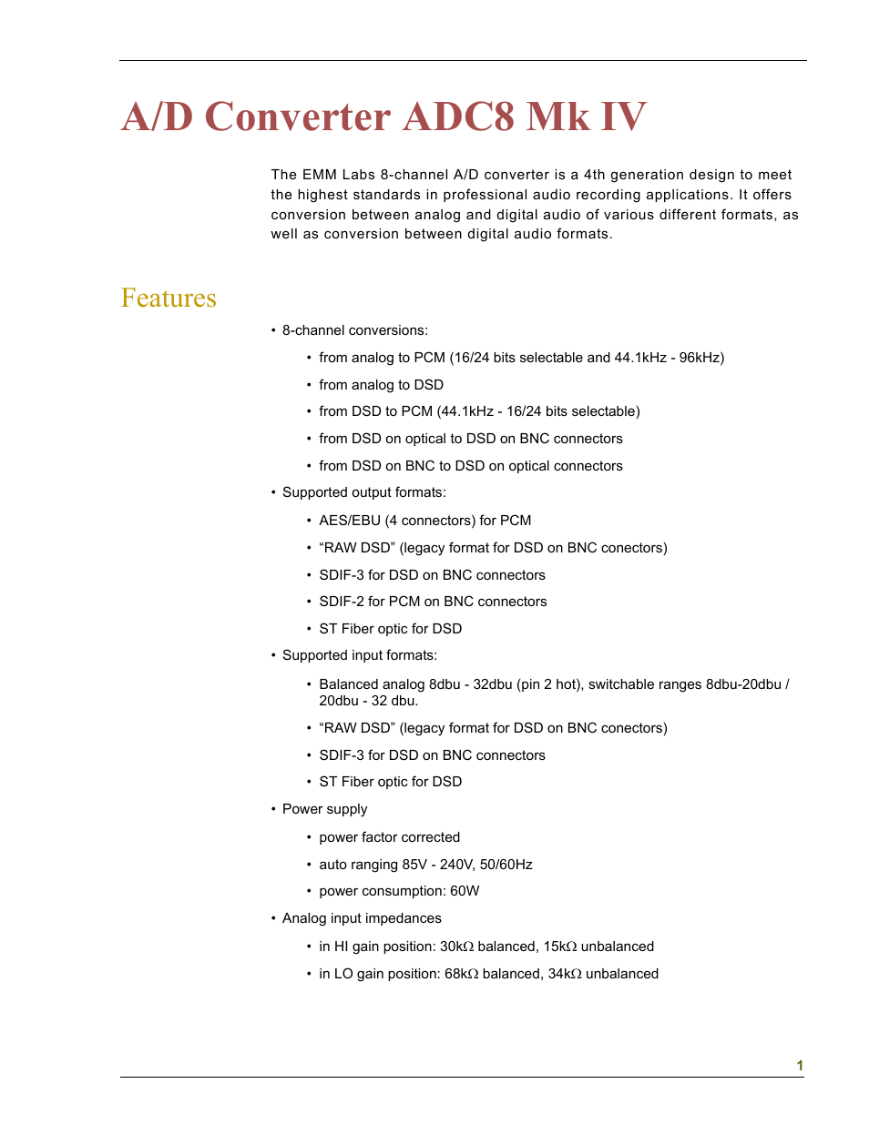 A/d converter adc8 mk iv, Features | EMM Labs DAC8 MKIV User Manual | Page 2 / 15