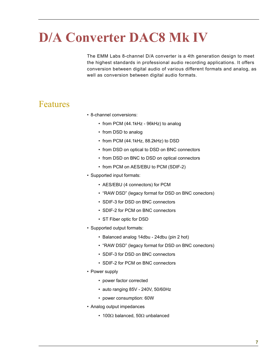 D/a converter dac8 mk iv, Features | EMM Labs DAC8 MKIV User Manual | Page 8 / 15