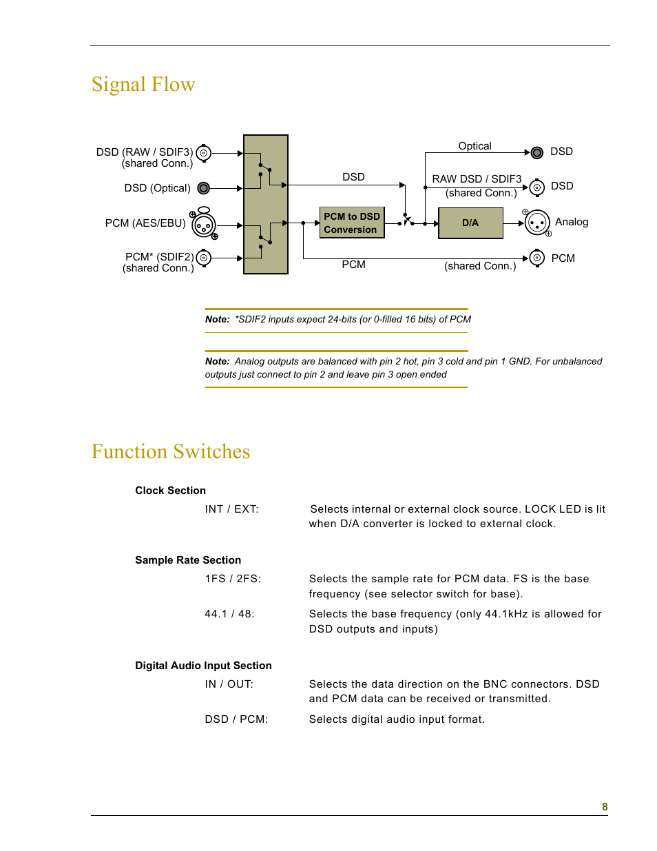 Signal flow, Function switches | EMM Labs DAC8 MKIV User Manual | Page 9 / 15