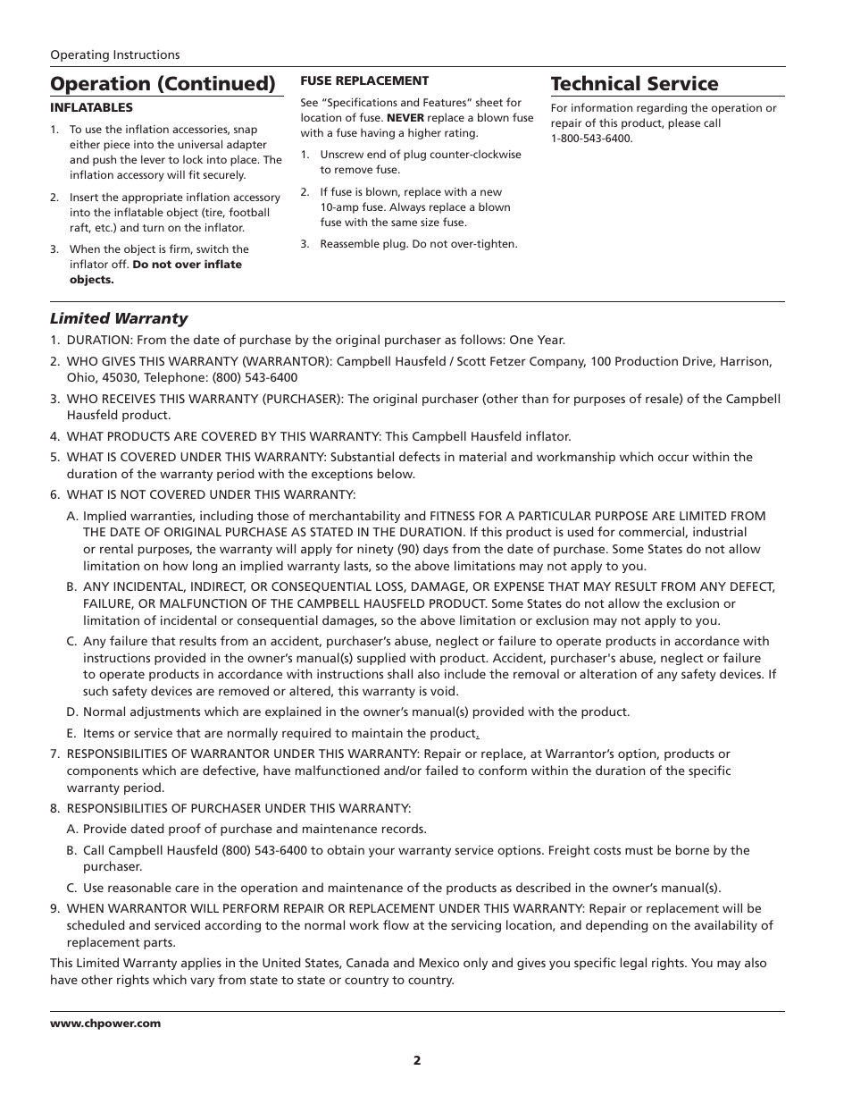 Operation (continued), Technical service | Campbell Hausfeld IN718303AV User Manual | Page 2 / 8