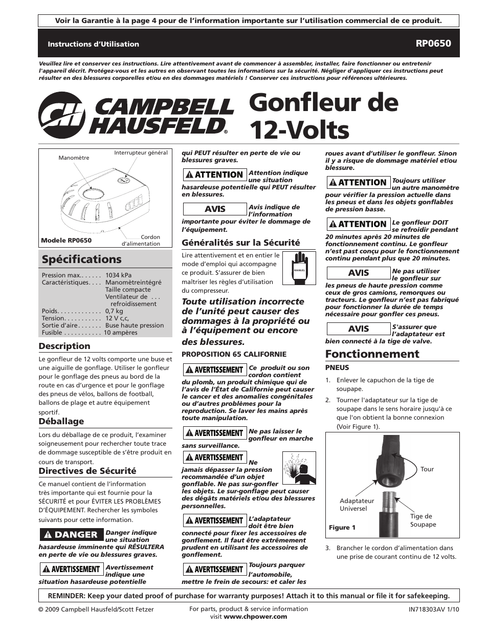 Gonfleur de 12-volts, Fonctionnement, Spécifications | Rp0650, Description, Déballage, Directives de sécurité, Généralités sur la sécurité | Campbell Hausfeld IN718303AV User Manual | Page 3 / 8