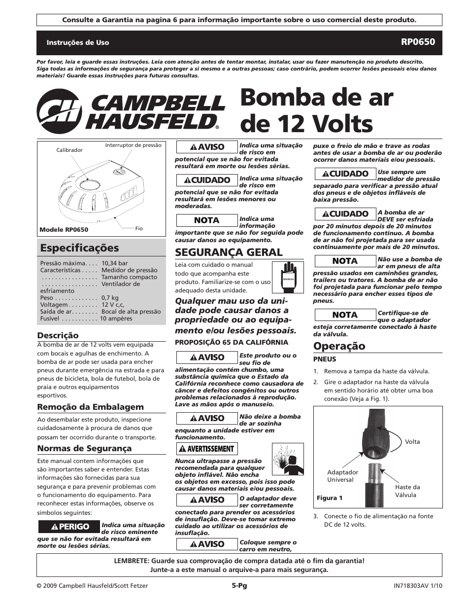 Bomba de ar de 12 volts, Operação, Segurança geral | Especificações, Rp0650, Descrição, Remoção da embalagem, Normas de segurança | Campbell Hausfeld IN718303AV User Manual | Page 5 / 8