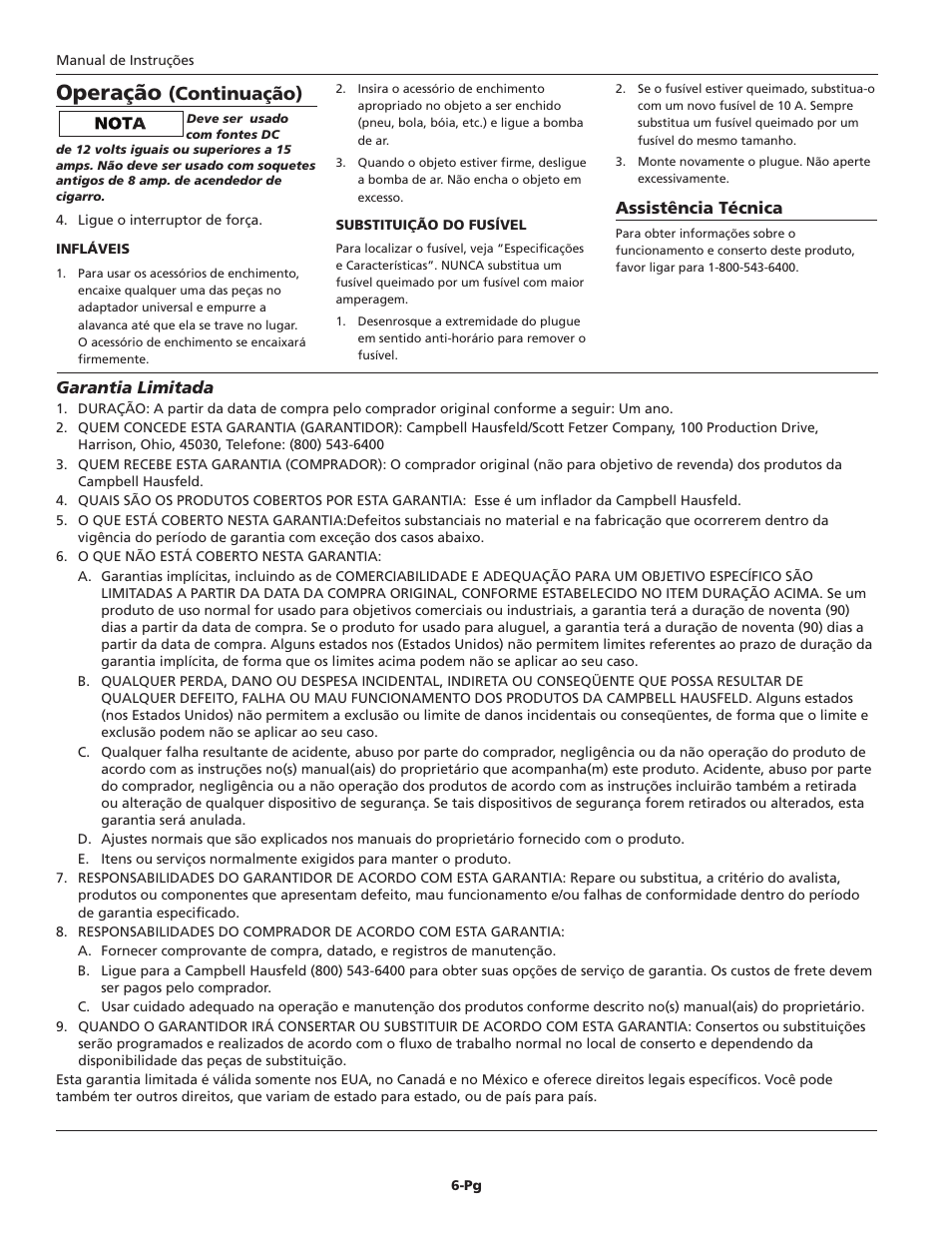 Operação, Continuação) | Campbell Hausfeld IN718303AV User Manual | Page 6 / 8