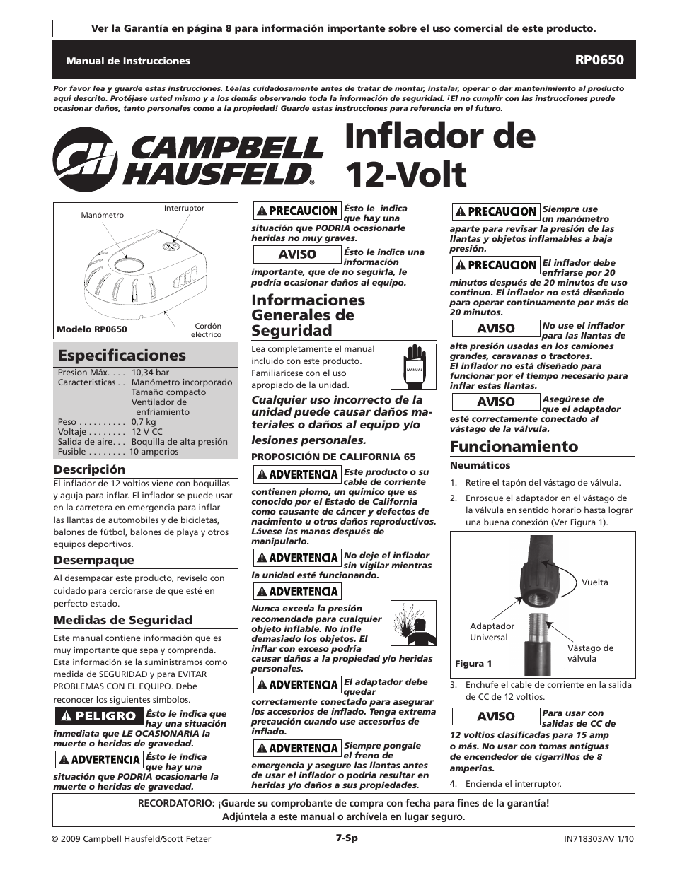 Inflador de 12-volt, Funcionamiento, Informaciones generales de seguridad | Especificaciones, Rp0650, Descripción, Desempaque, Medidas de seguridad | Campbell Hausfeld IN718303AV User Manual | Page 7 / 8