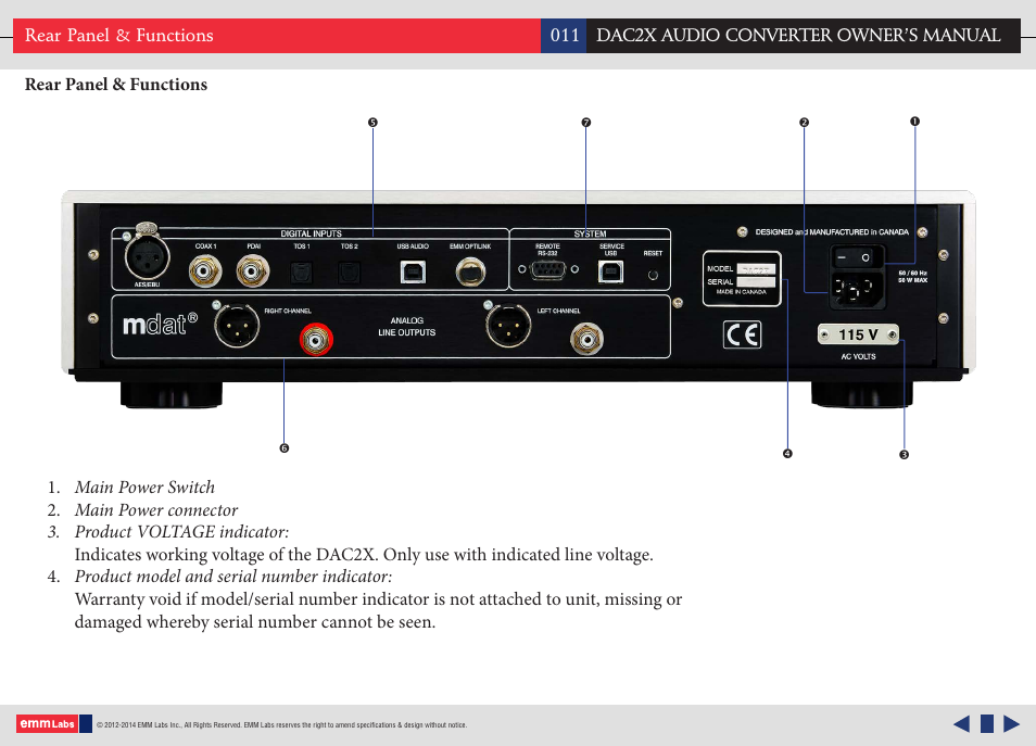 Rear panel and functions | EMM Labs DAC2X AUDIO CONVERTER User Manual | Page 11 / 21