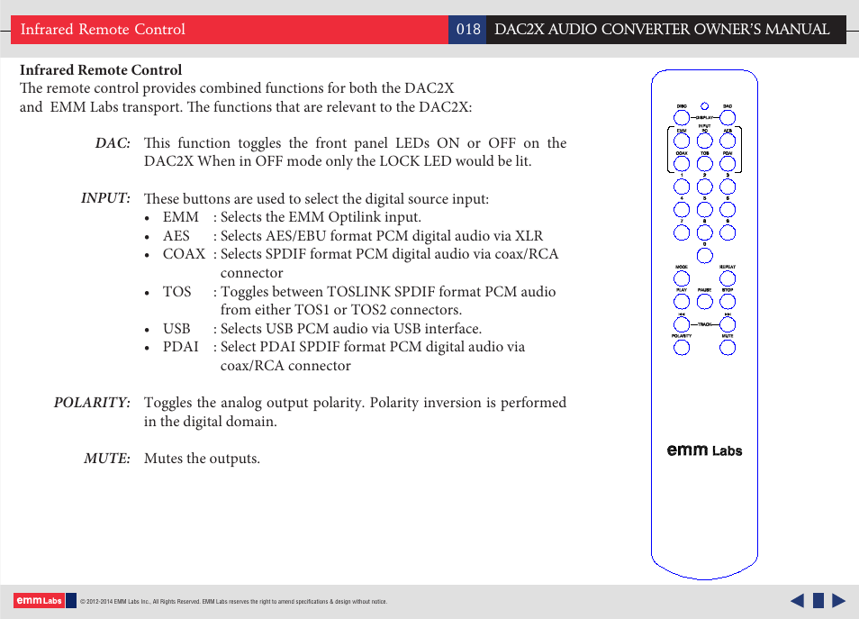 Remote | EMM Labs DAC2X AUDIO CONVERTER User Manual | Page 18 / 21