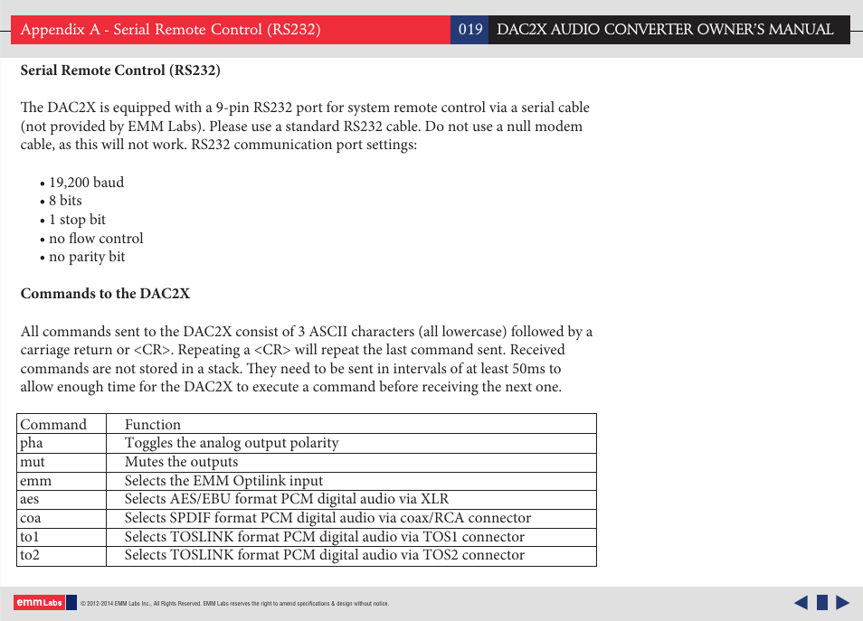 Serial remote (rs232) | EMM Labs DAC2X AUDIO CONVERTER User Manual | Page 19 / 21