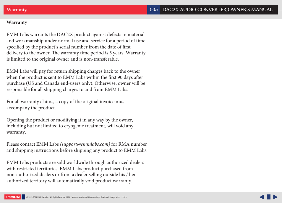 Warranty | EMM Labs DAC2X AUDIO CONVERTER User Manual | Page 5 / 21