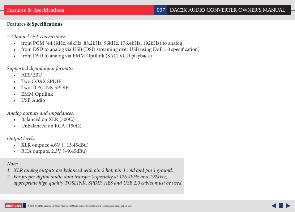 Features and specifications | EMM Labs DAC2X AUDIO CONVERTER User Manual | Page 7 / 21