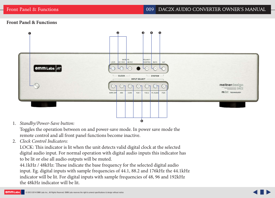 Front panel & functions | EMM Labs DAC2X AUDIO CONVERTER User Manual | Page 9 / 21