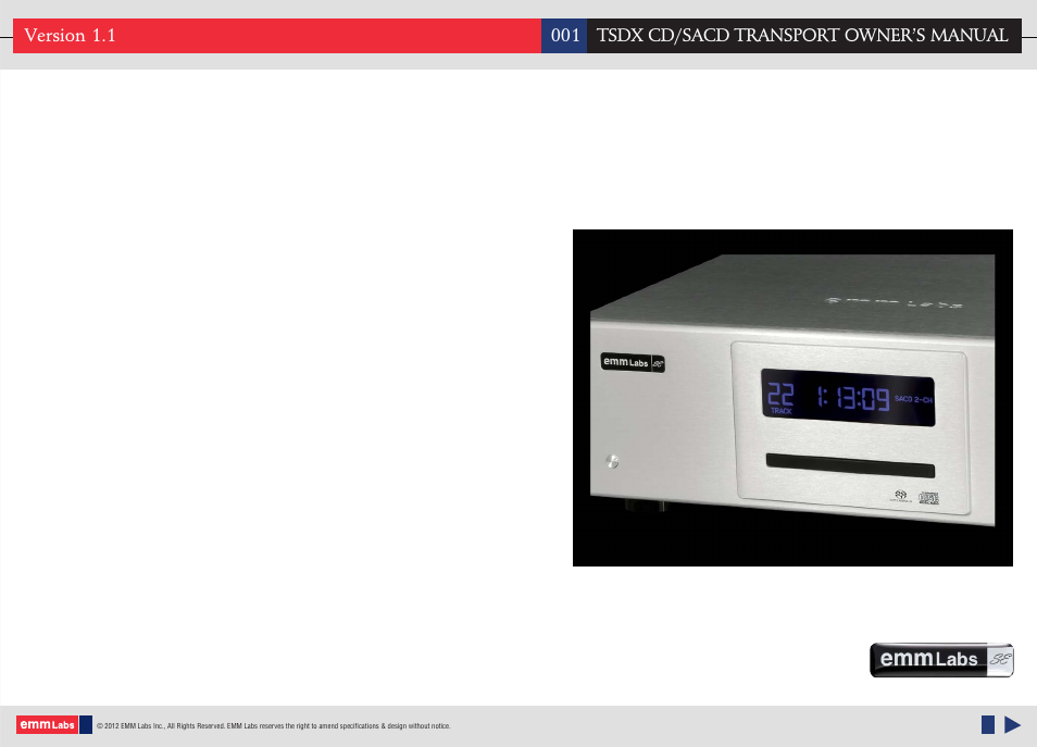 EMM Labs TSDX CD/SACD TRANSPORT User Manual | 17 pages