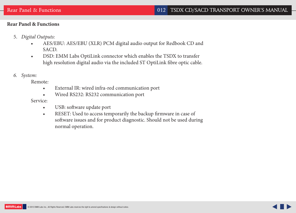 EMM Labs TSDX CD/SACD TRANSPORT User Manual | Page 12 / 17