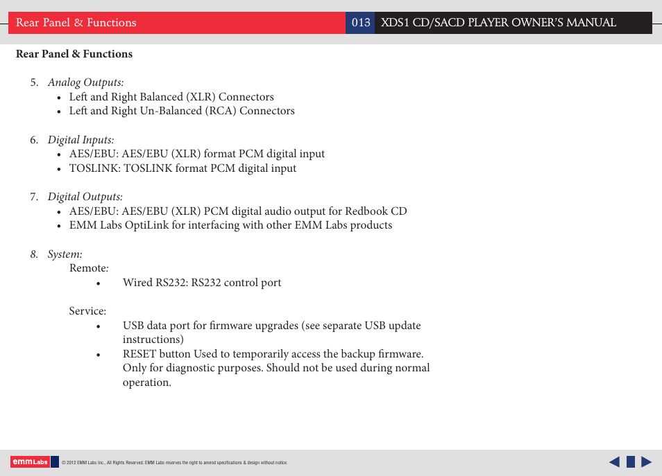 EMM Labs XDS1 CD/SACD User Manual | Page 13 / 18
