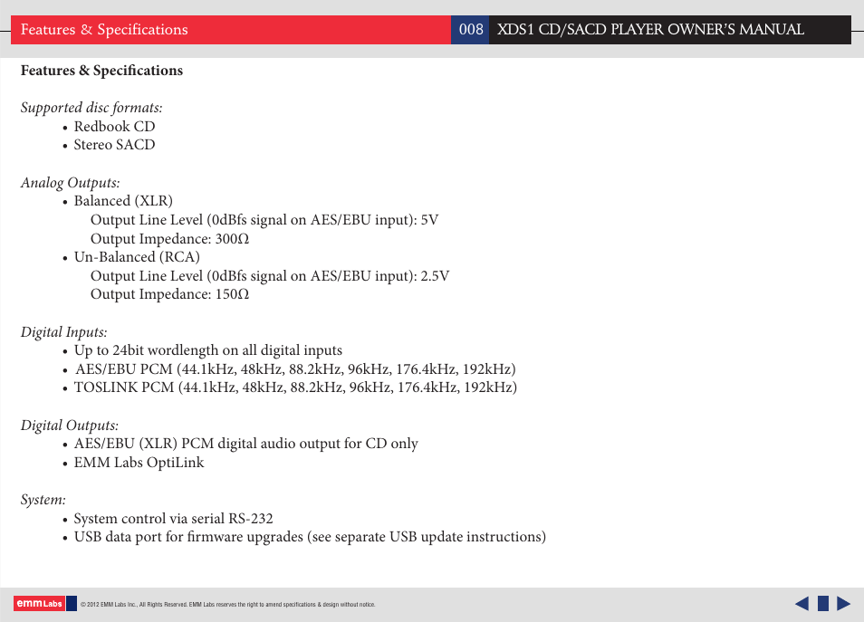 EMM Labs XDS1 CD/SACD User Manual | Page 8 / 18