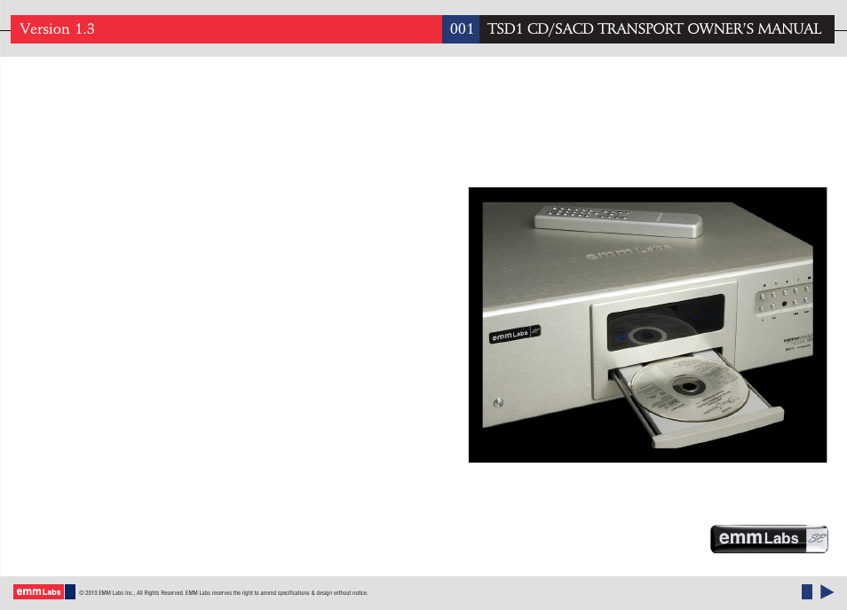 EMM Labs TSD1 CD/SACD TRANSPORT User Manual | 17 pages