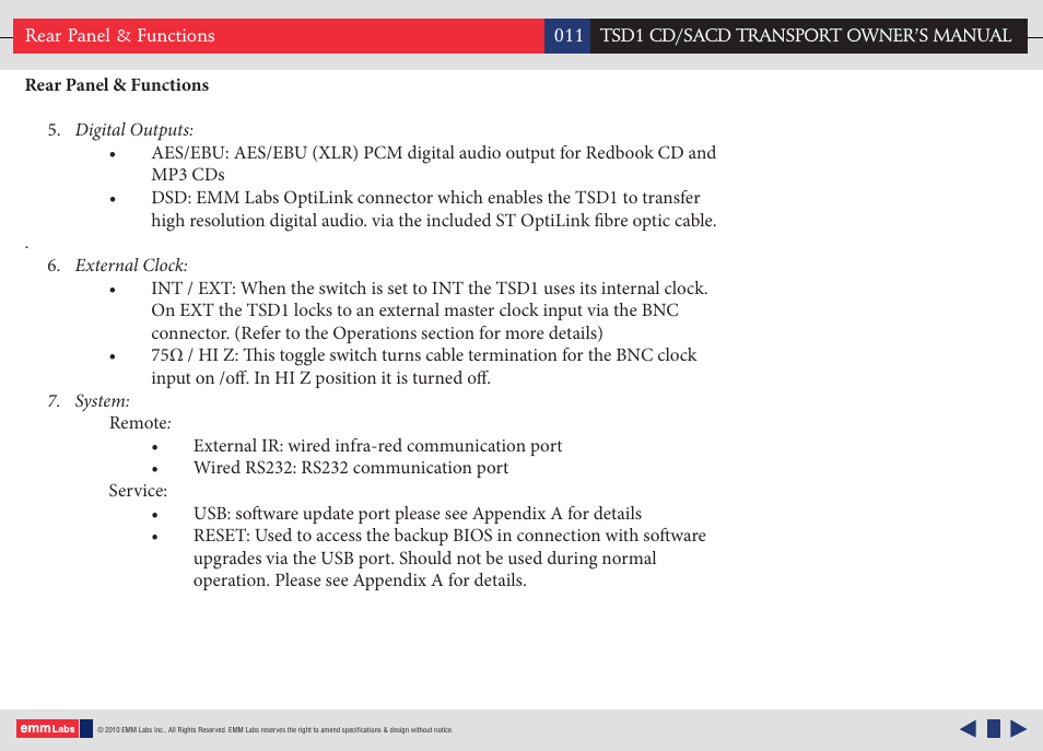 EMM Labs TSD1 CD/SACD TRANSPORT User Manual | Page 11 / 17
