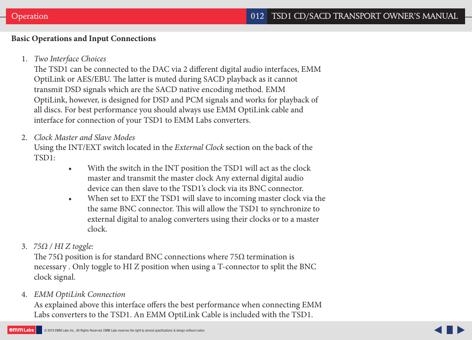 EMM Labs TSD1 CD/SACD TRANSPORT User Manual | Page 12 / 17