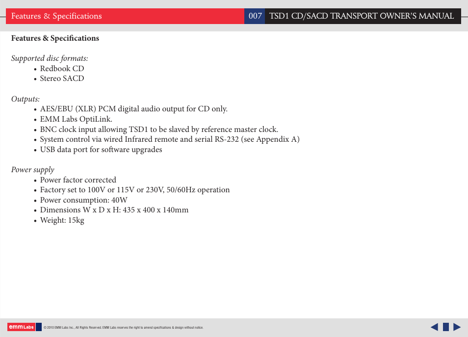 EMM Labs TSD1 CD/SACD TRANSPORT User Manual | Page 7 / 17