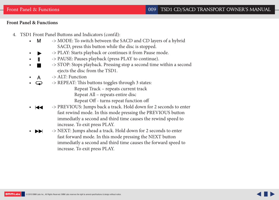 EMM Labs TSD1 CD/SACD TRANSPORT User Manual | Page 9 / 17