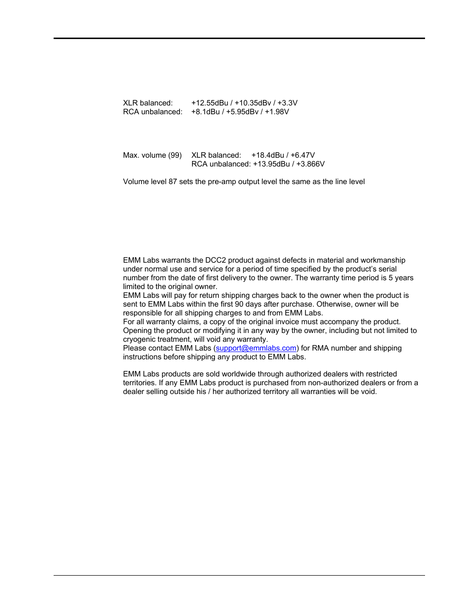 Specification, Warranty | EMM Labs DCC2 DIGITAL CONTROL CENTER User Manual | Page 14 / 16