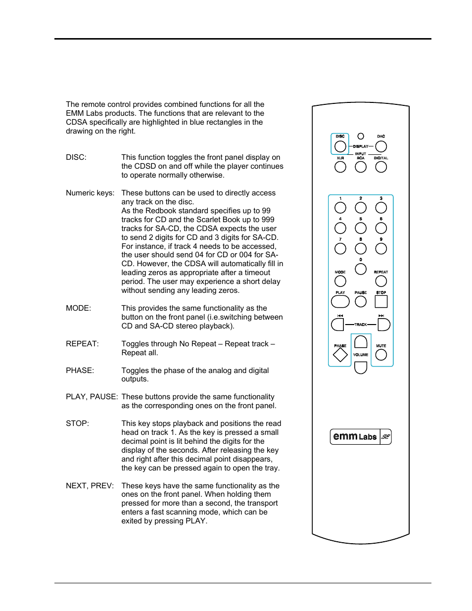 Infrared remote control | EMM Labs CDSA DISC PLAYER User Manual | Page 6 / 10