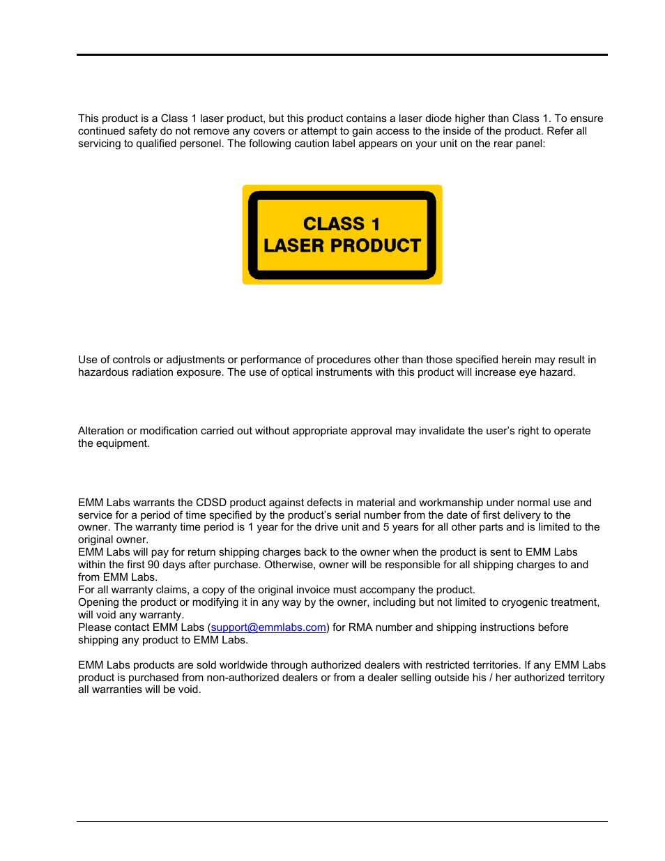 Caution, Information to the user, Warranty | EMM Labs CDSD DISC TRANSPORT User Manual | Page 2 / 14