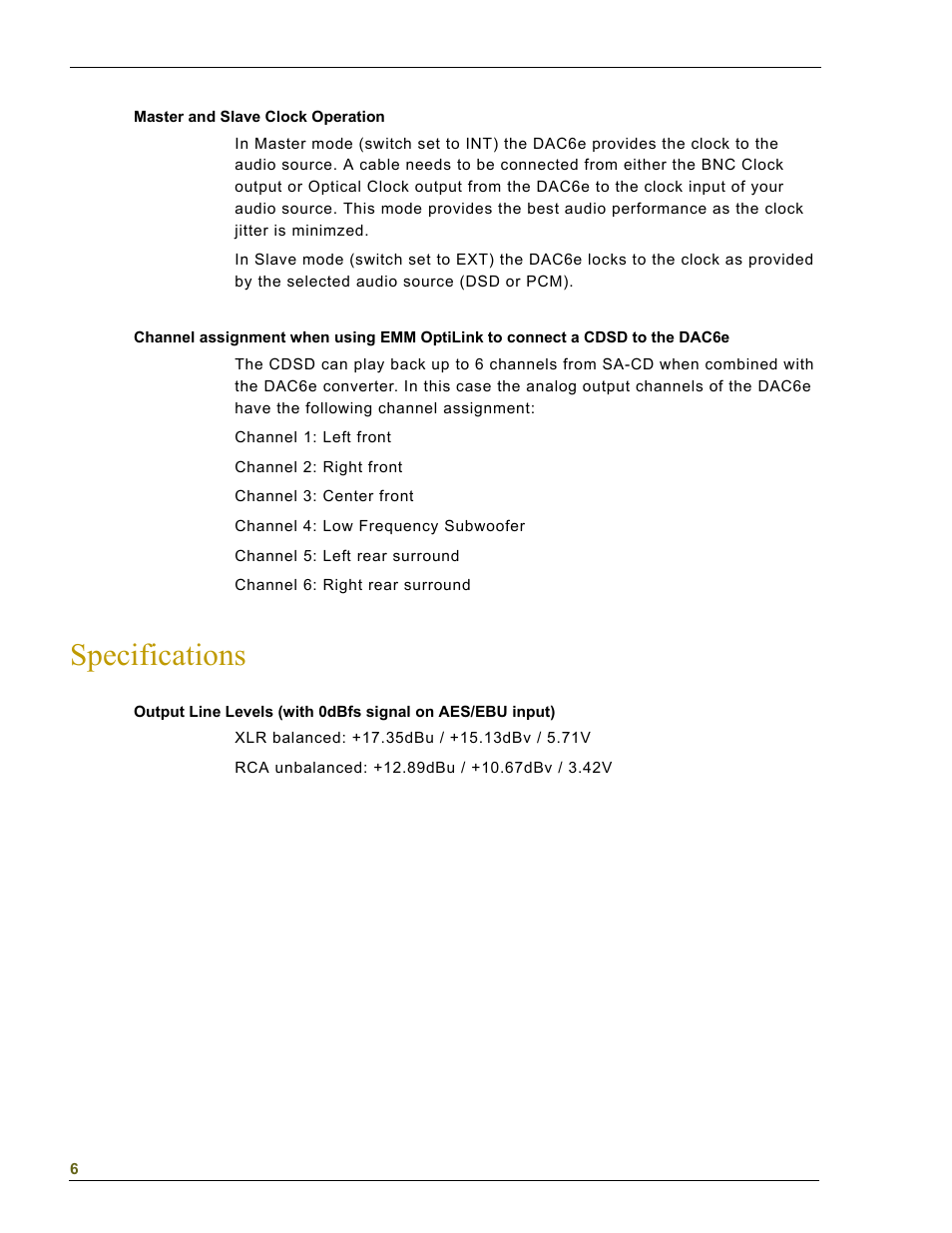 Specifications | EMM Labs DAC6e User Manual | Page 6 / 7