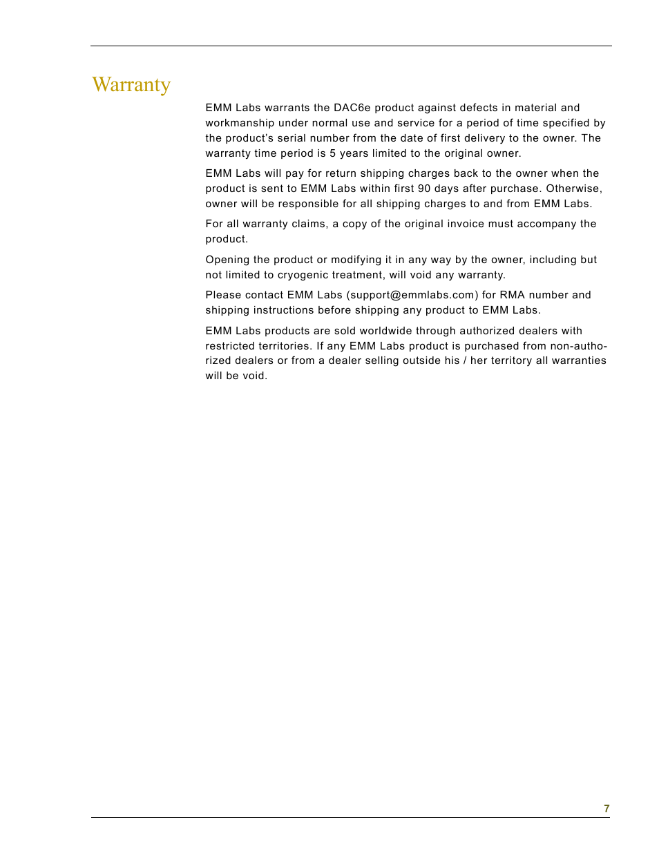Warranty | EMM Labs DAC6e User Manual | Page 7 / 7