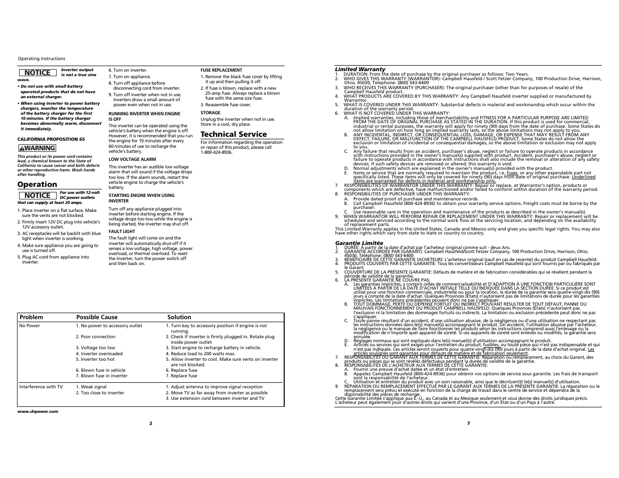 Operation, Notice, Technical service | Campbell Hausfeld POWERDISC IB3003 User Manual | Page 2 / 4