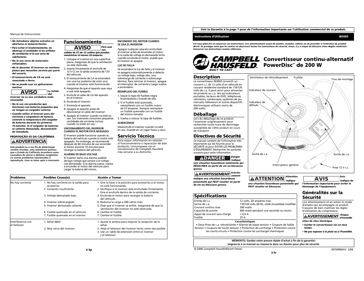 Convertisseur continu-alternatif powerdisc, De 200 w, Aviso | Attention, Avis, Danger, Description, Déballage, Directives de sécurité, Généralités sur la sécurité | Campbell Hausfeld POWERDISC IB3003 User Manual | Page 3 / 4