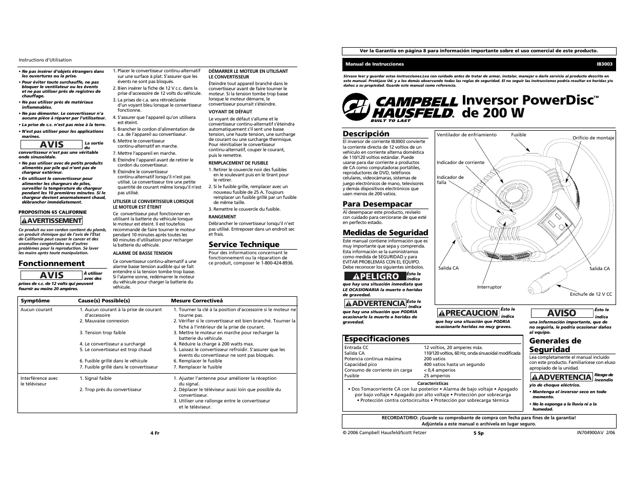 Inversor powerdisc, De 200 w, Aviso | Avis, Peligro, Precaucion, Fonctionnement, Service technique, Descripción, Para desempacar | Campbell Hausfeld POWERDISC IB3003 User Manual | Page 4 / 4