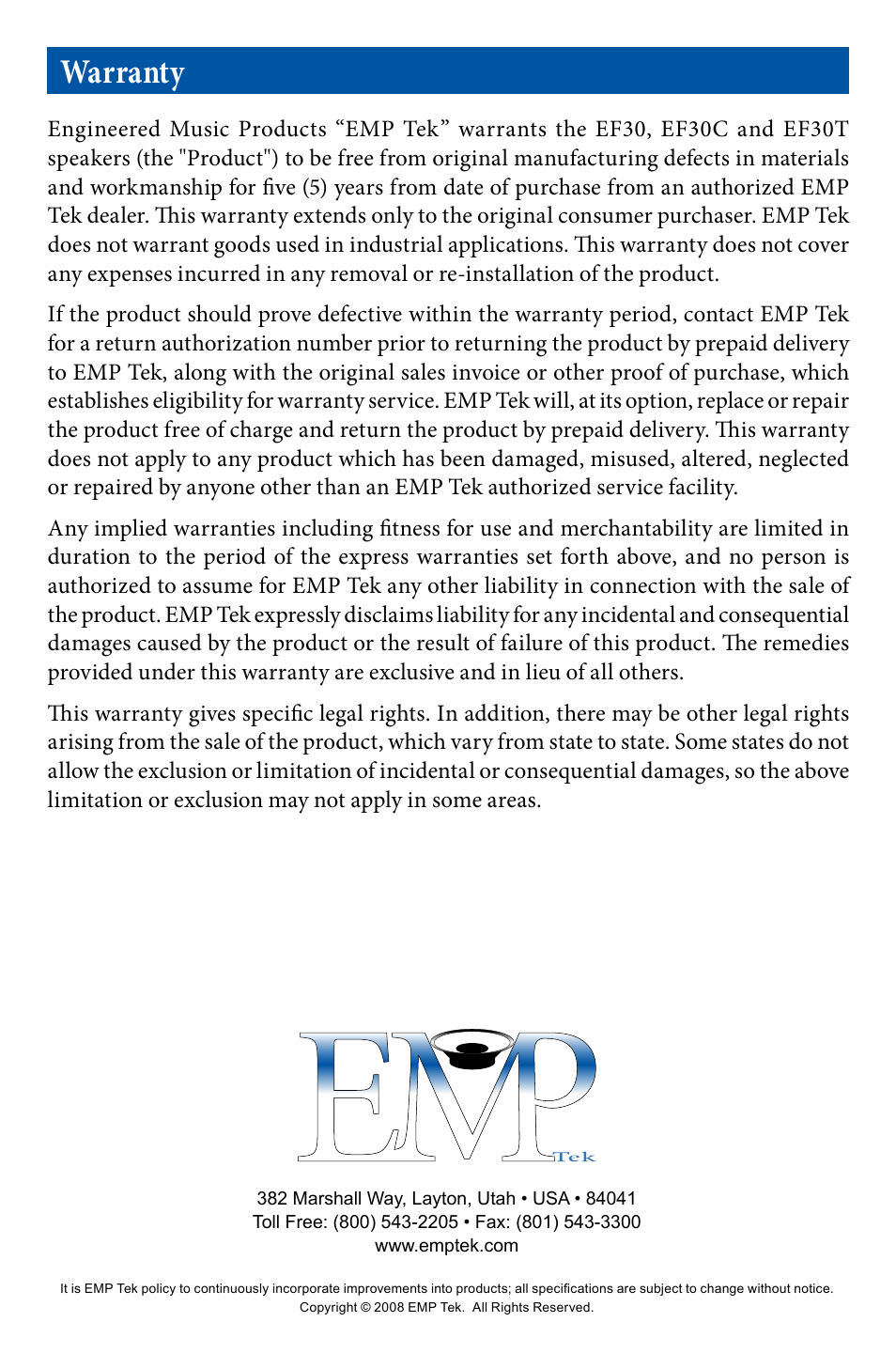Warranty | EMP Tek EF30 User Manual | Page 8 / 8