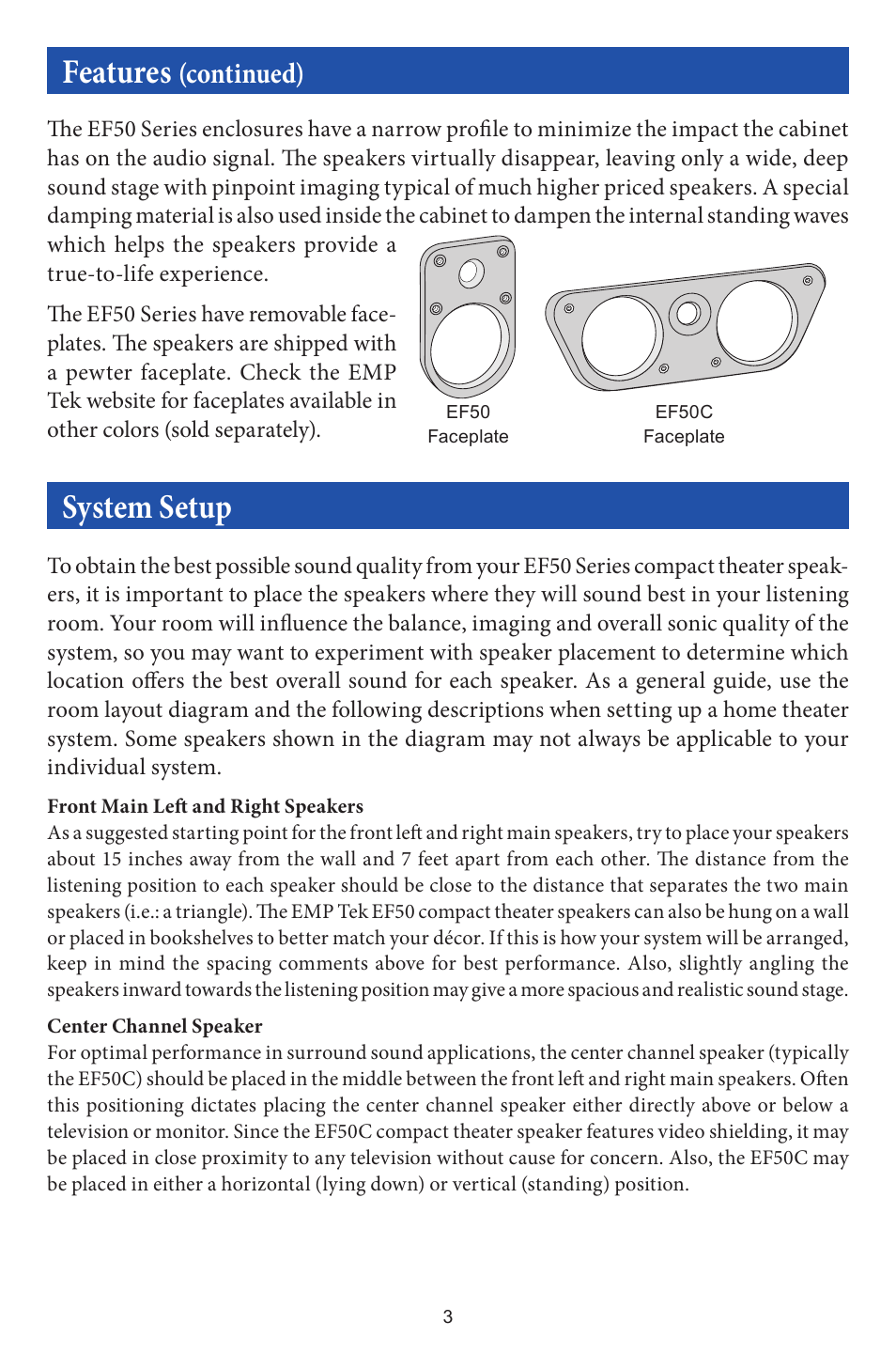 Features, System setup, Continued) | EMP Tek EF50 User Manual | Page 4 / 8