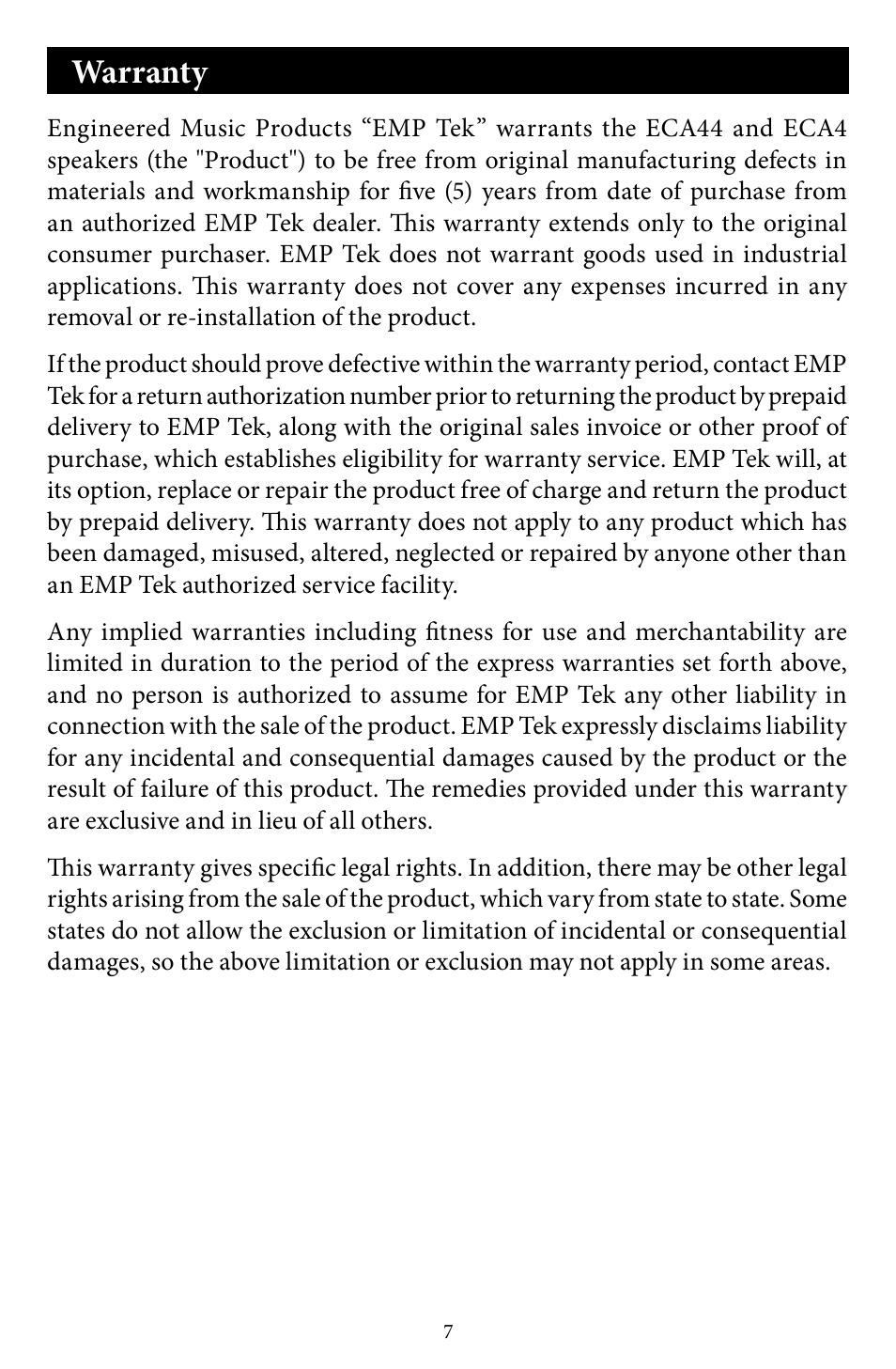 Warranty | EMP Tek ECA-44 User Manual | Page 8 / 10