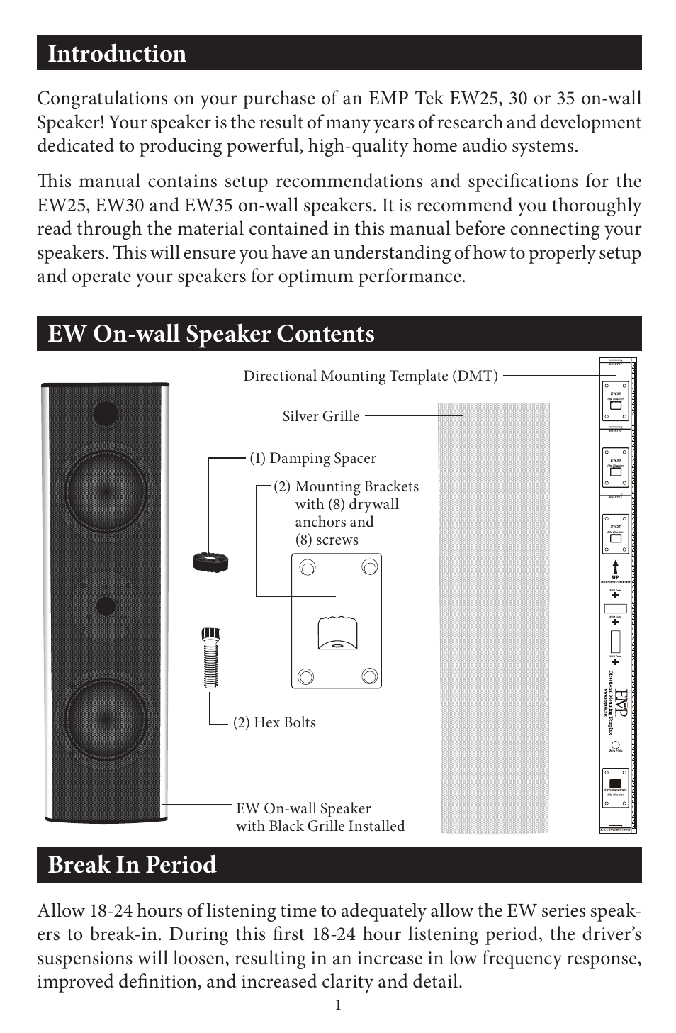 Introduction ew on-wall speaker contents, Break in period | EMP Tek EW35 User Manual | Page 2 / 10
