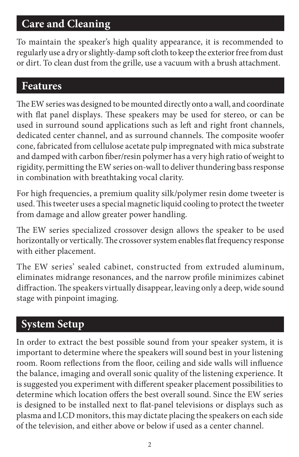 Care and cleaning, Features, System setup | EMP Tek EW35 User Manual | Page 3 / 10
