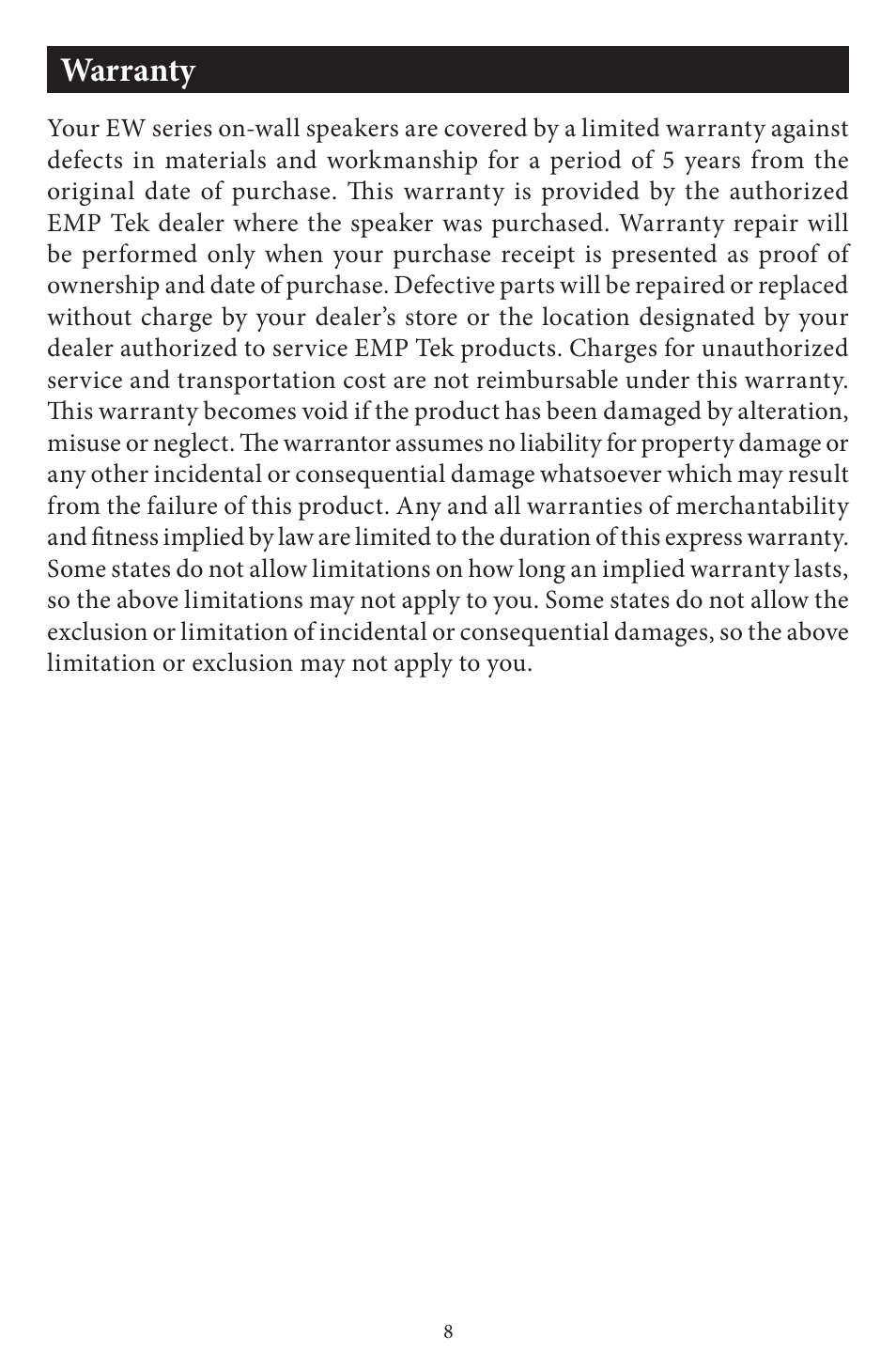 Warranty | EMP Tek EW35 User Manual | Page 9 / 10