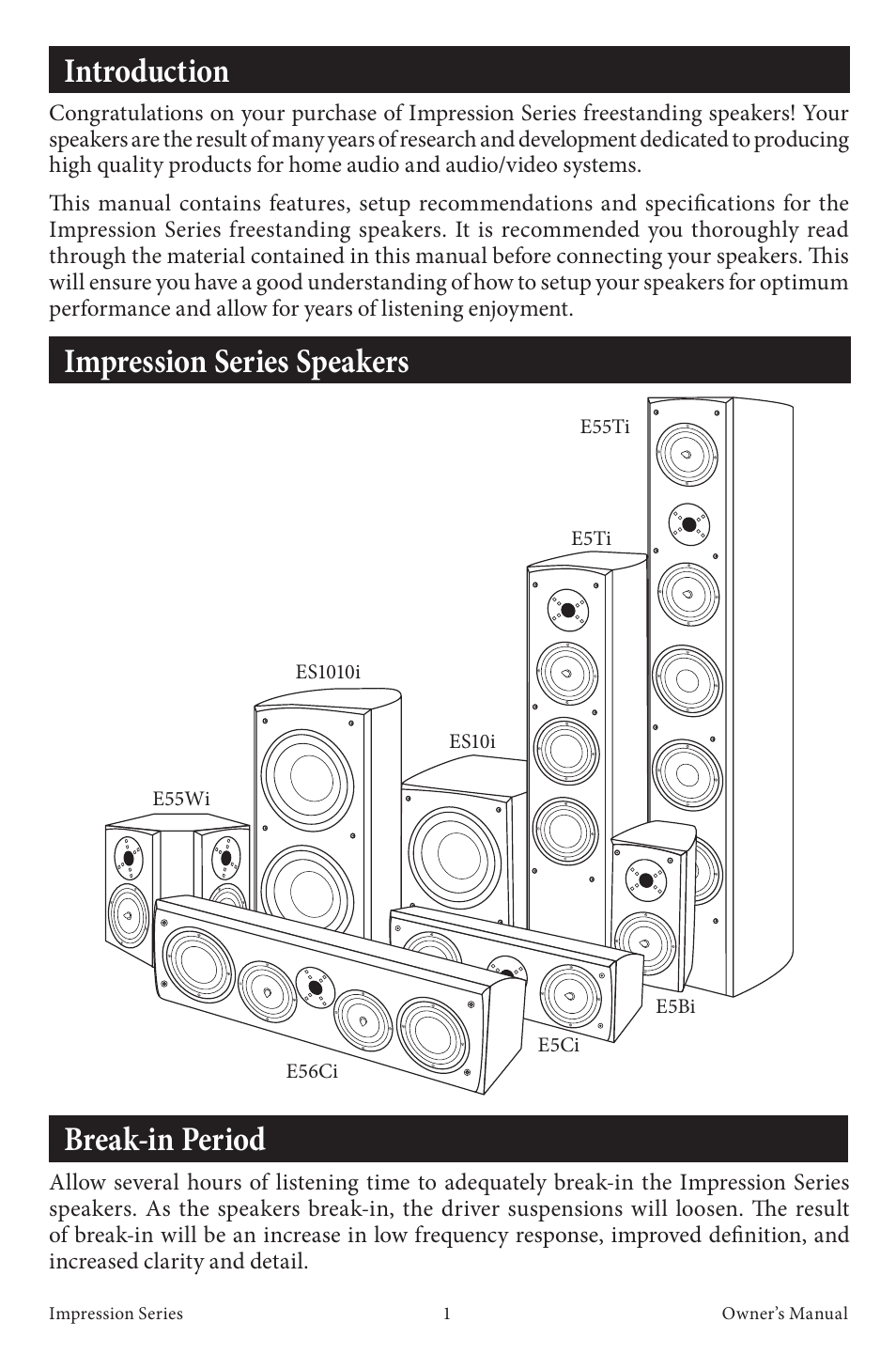 Break-in period, Introduction, Impression series speakers | EMP Tek Impression Series Speakers User Manual | Page 3 / 16