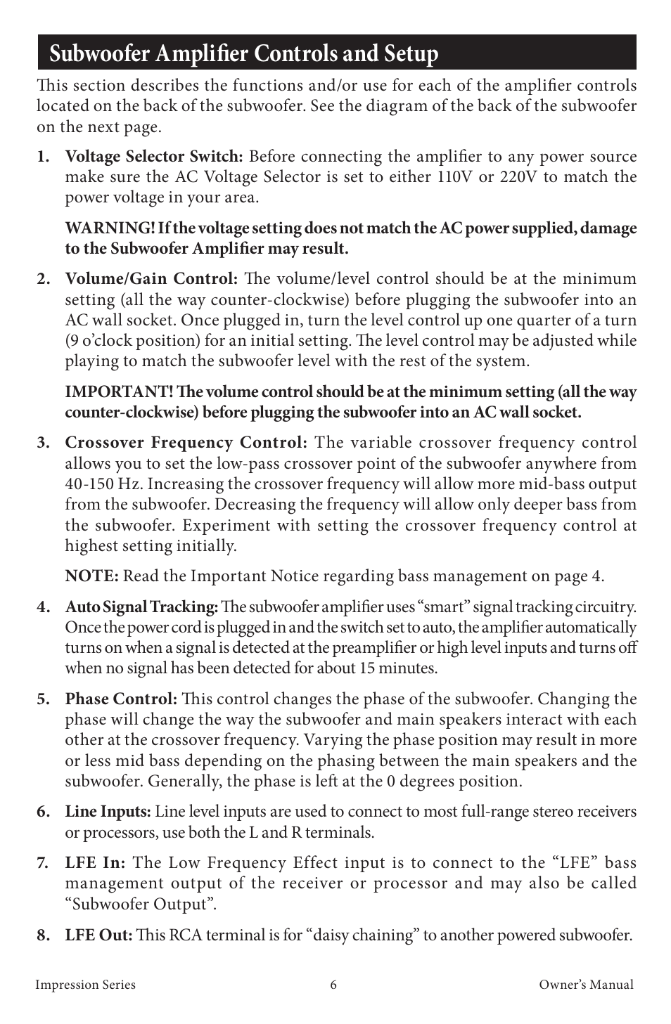 Subwoofer amplifier controls and setup | EMP Tek Impression Series Speakers User Manual | Page 8 / 16
